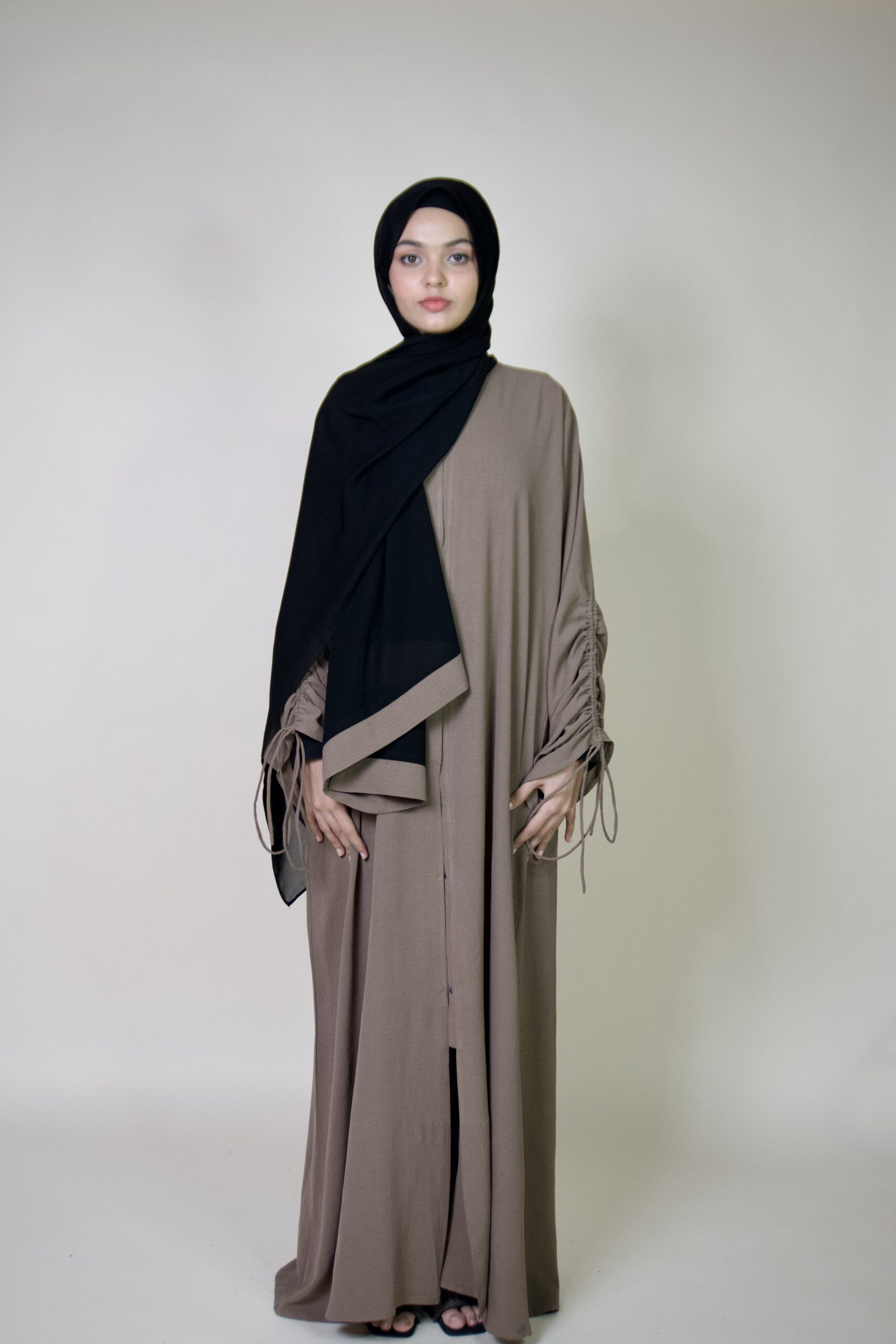 Sand Ruched Sleeve Abaya