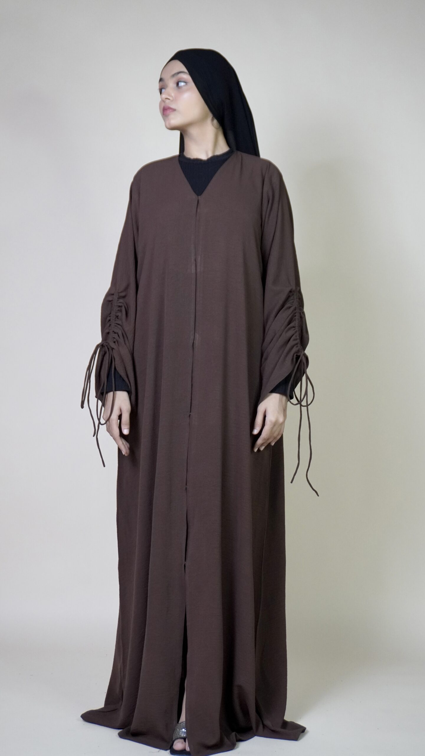 Chocolate Brown Ruched Sleeve Abaya - Image 6
