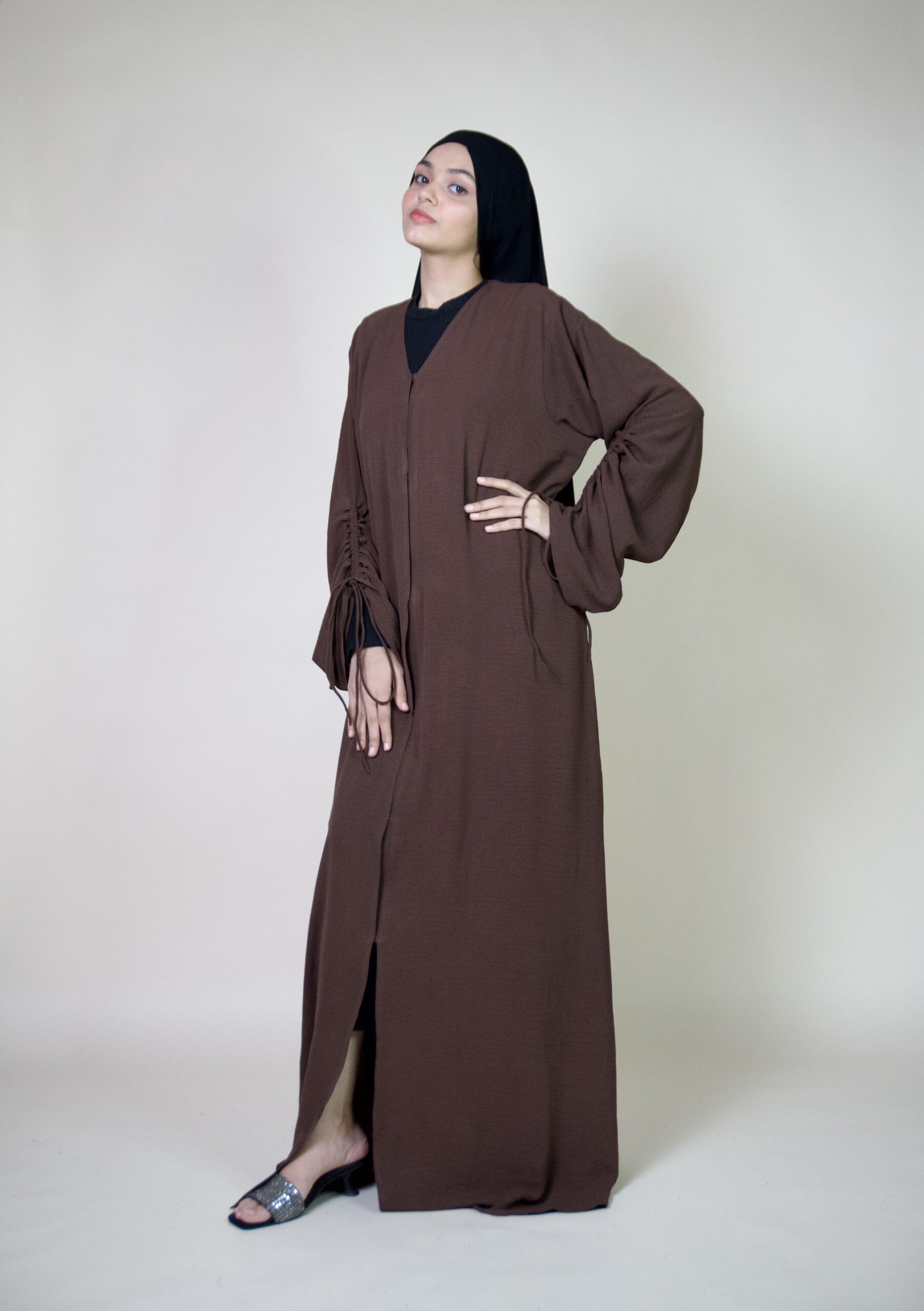 Chocolate Brown Ruched Sleeve Abaya - Image 7