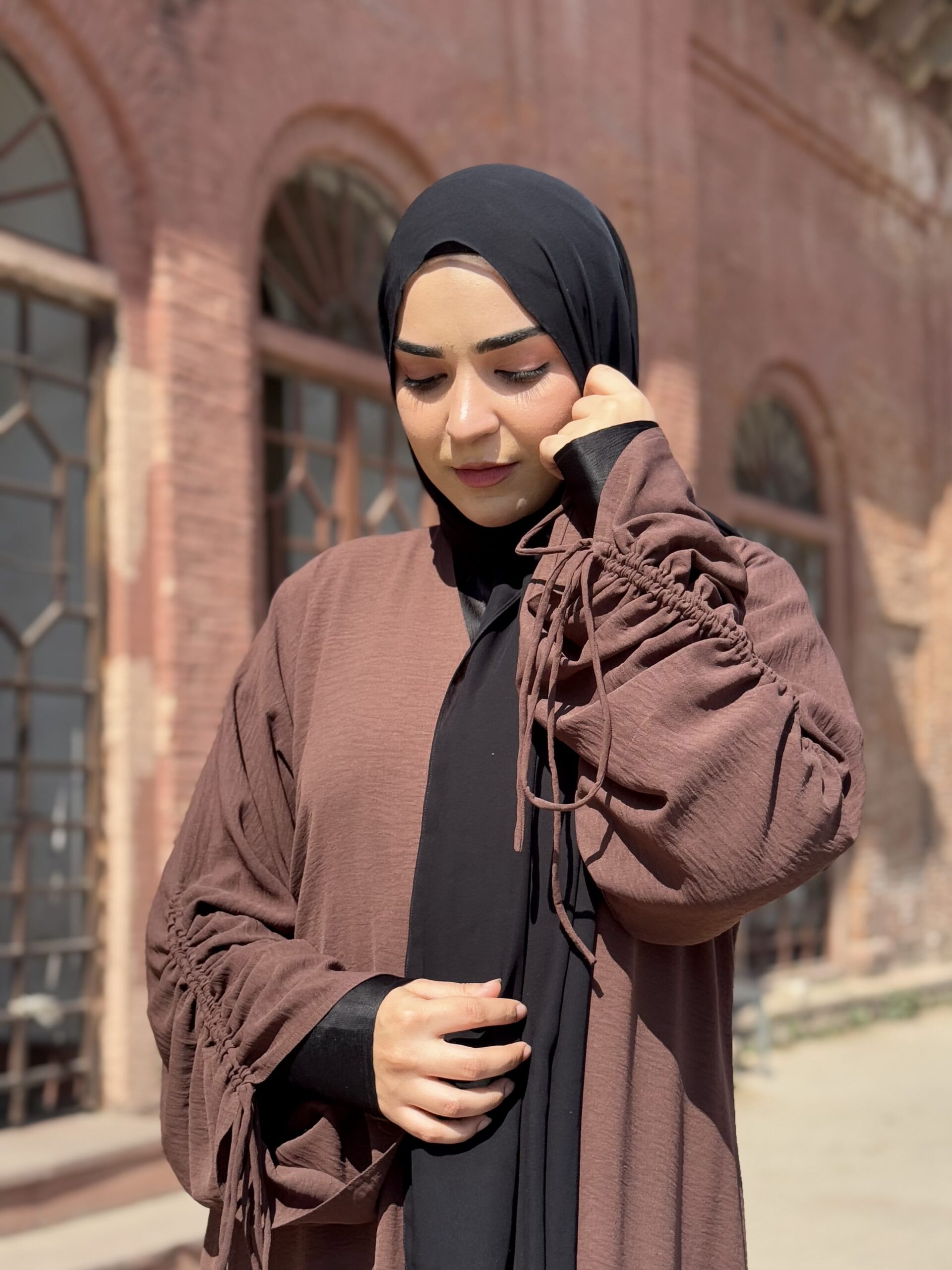 Chocolate Brown Ruched Sleeve Abaya - Image 9