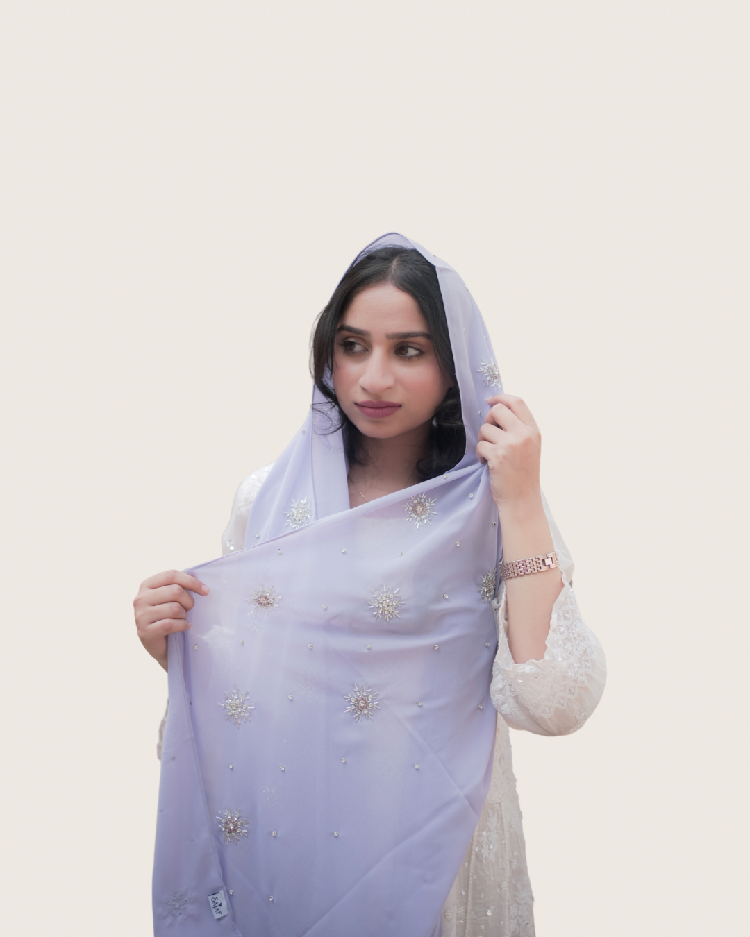 Qamar Embellished Chiffon Scarf – Lavender Mist - Image 2