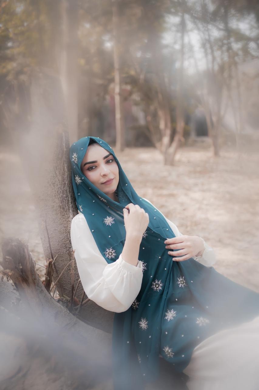 Qamar Embellished Chiffon Scarf – Deep Teal - Image 2