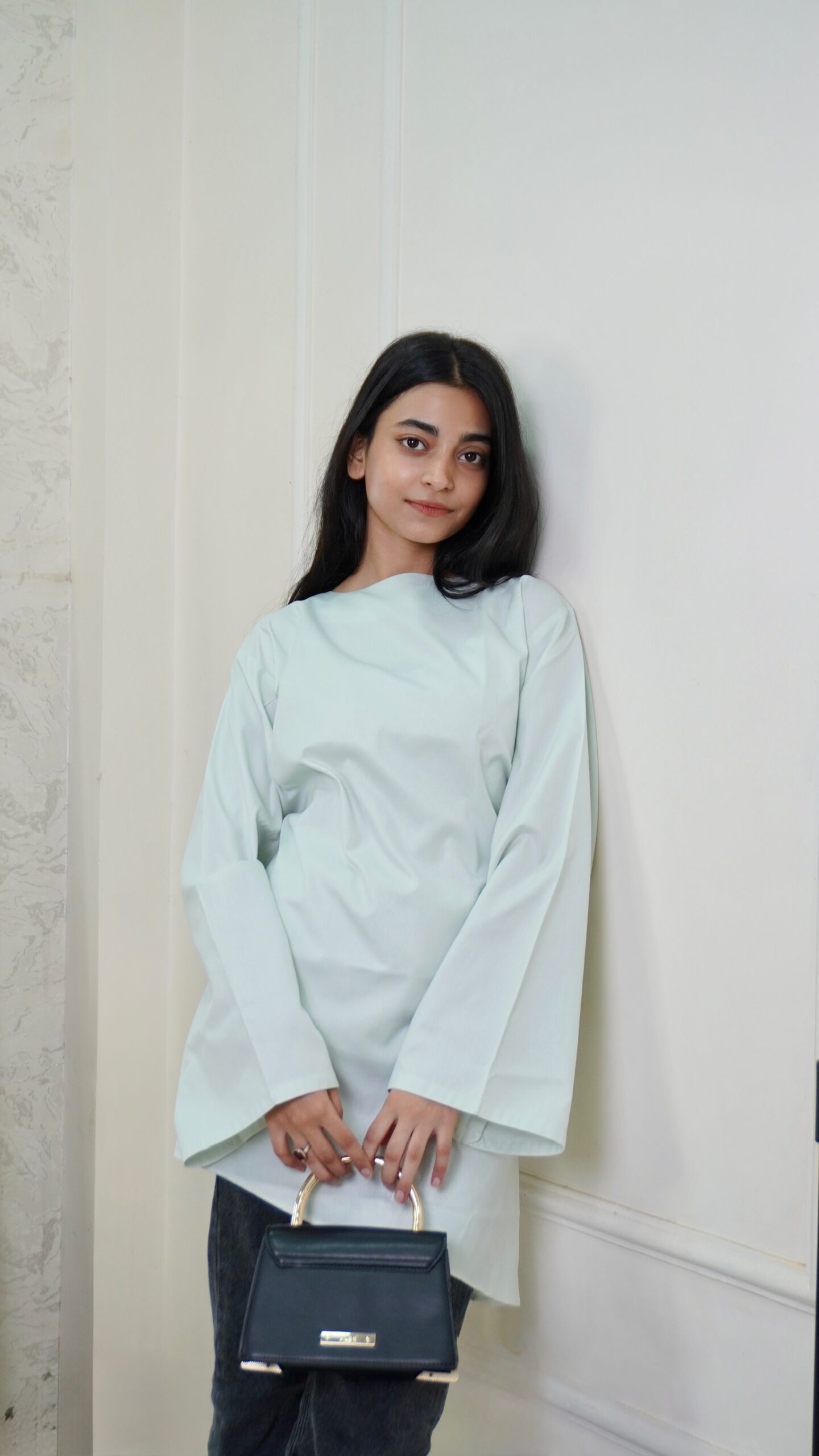 Tinker Asymmetric Top mint green textured fabric