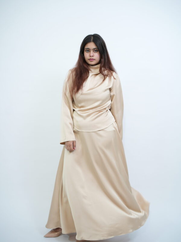 Champagne satin skirt and top set by Sajaf