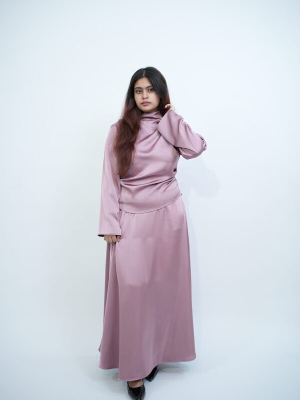 Blush pink satin skirt and top set by Sajaf