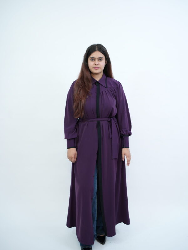 Imperia purple maxi dress with velvet detailing and black piping