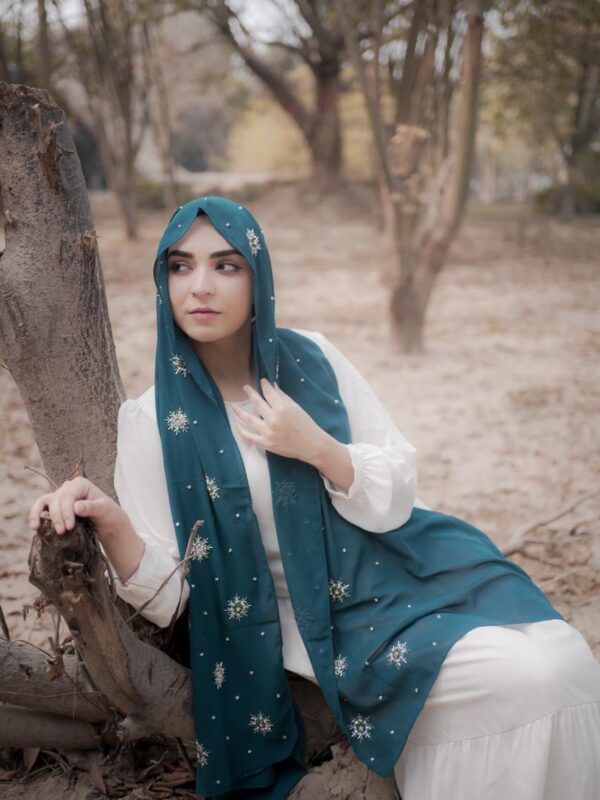 Qamar Embellished Chiffon Scarf – Deep Teal