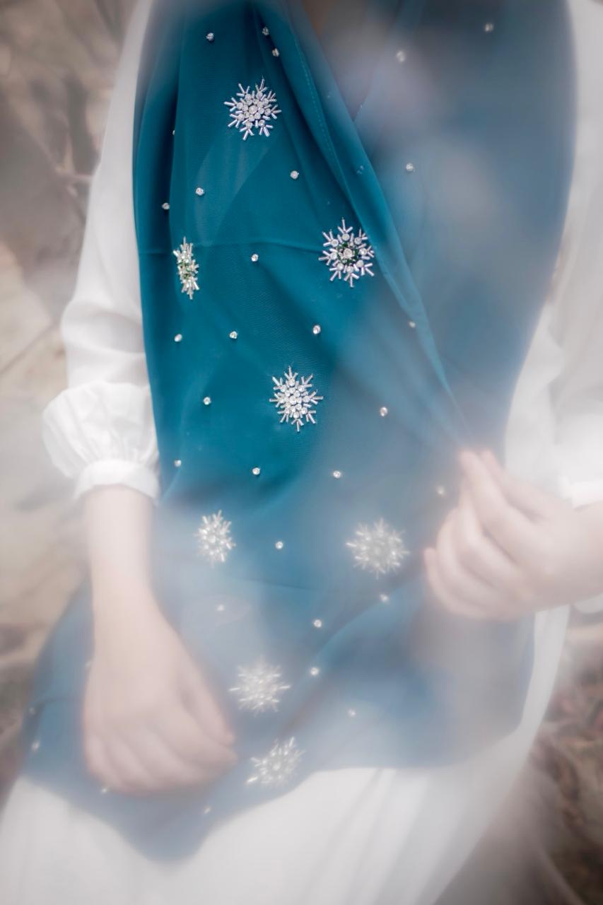 Qamar Embellished Chiffon Scarf – Deep Teal - Image 3