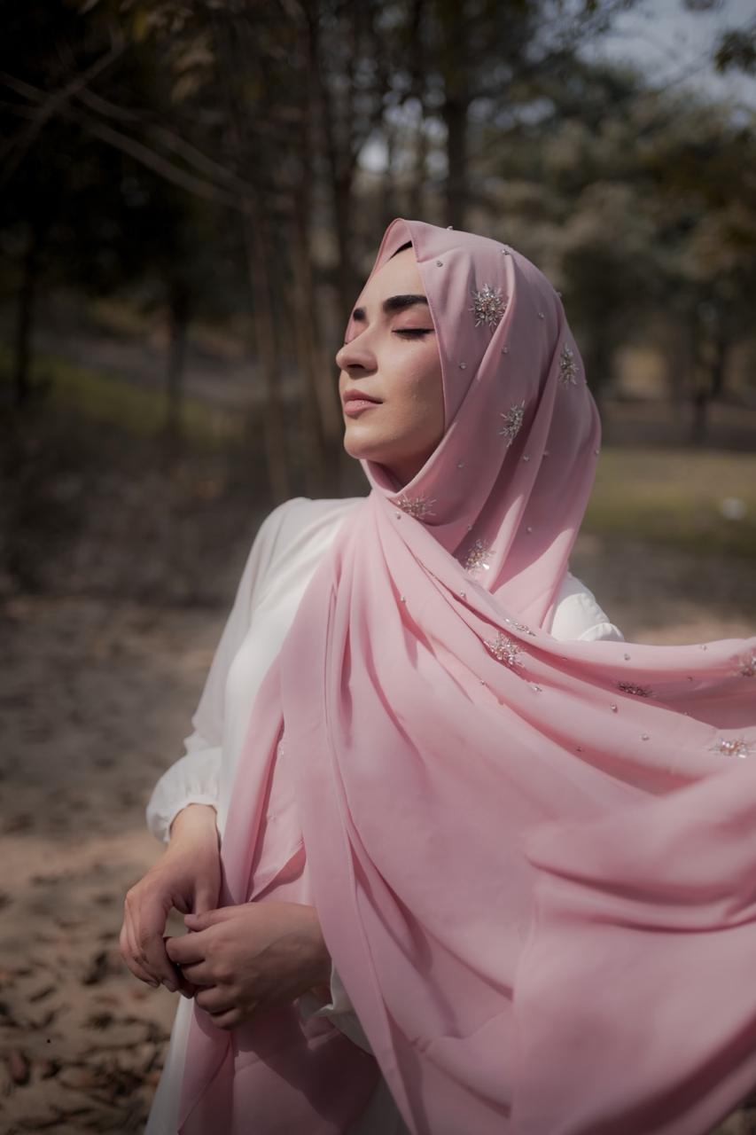 Qamar Embellished Chiffon Scarf – Blush Pink - Image 2