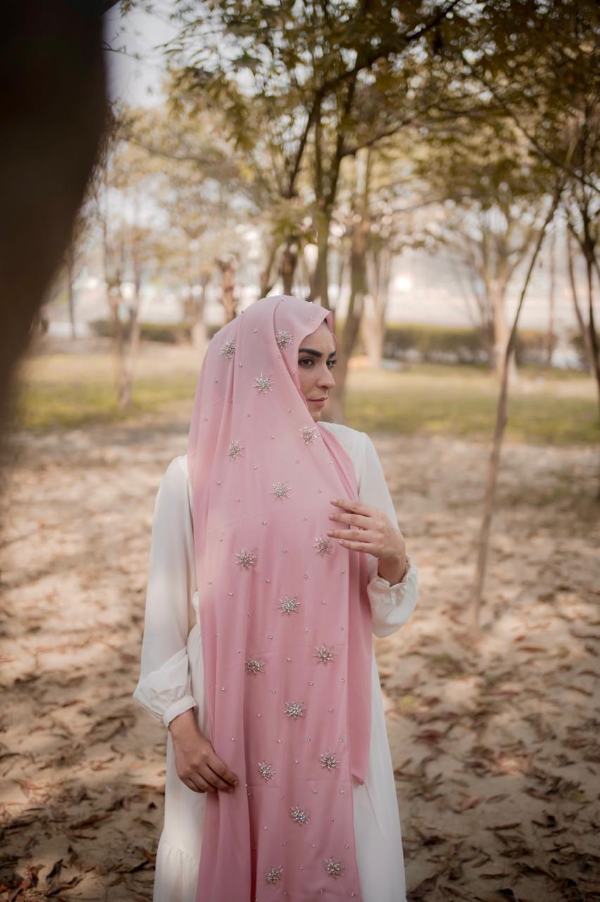 Qamar Embellished Chiffon Scarf – Blush Pink