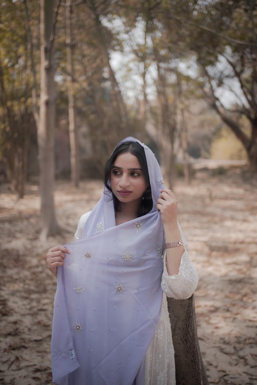 Qamar Embellished Chiffon Scarf – Lavender Mist - Image 3