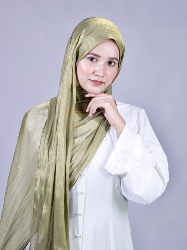 olive green shimmer scarf front view