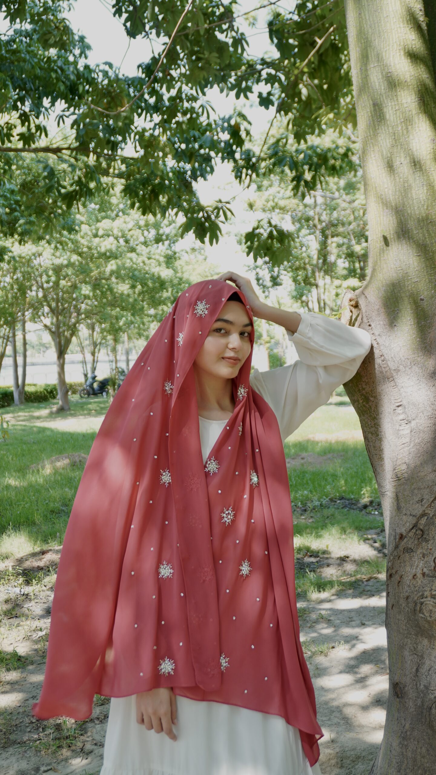 Qamar Embellished Chiffon Scarf – Deep Maroon - Image 2