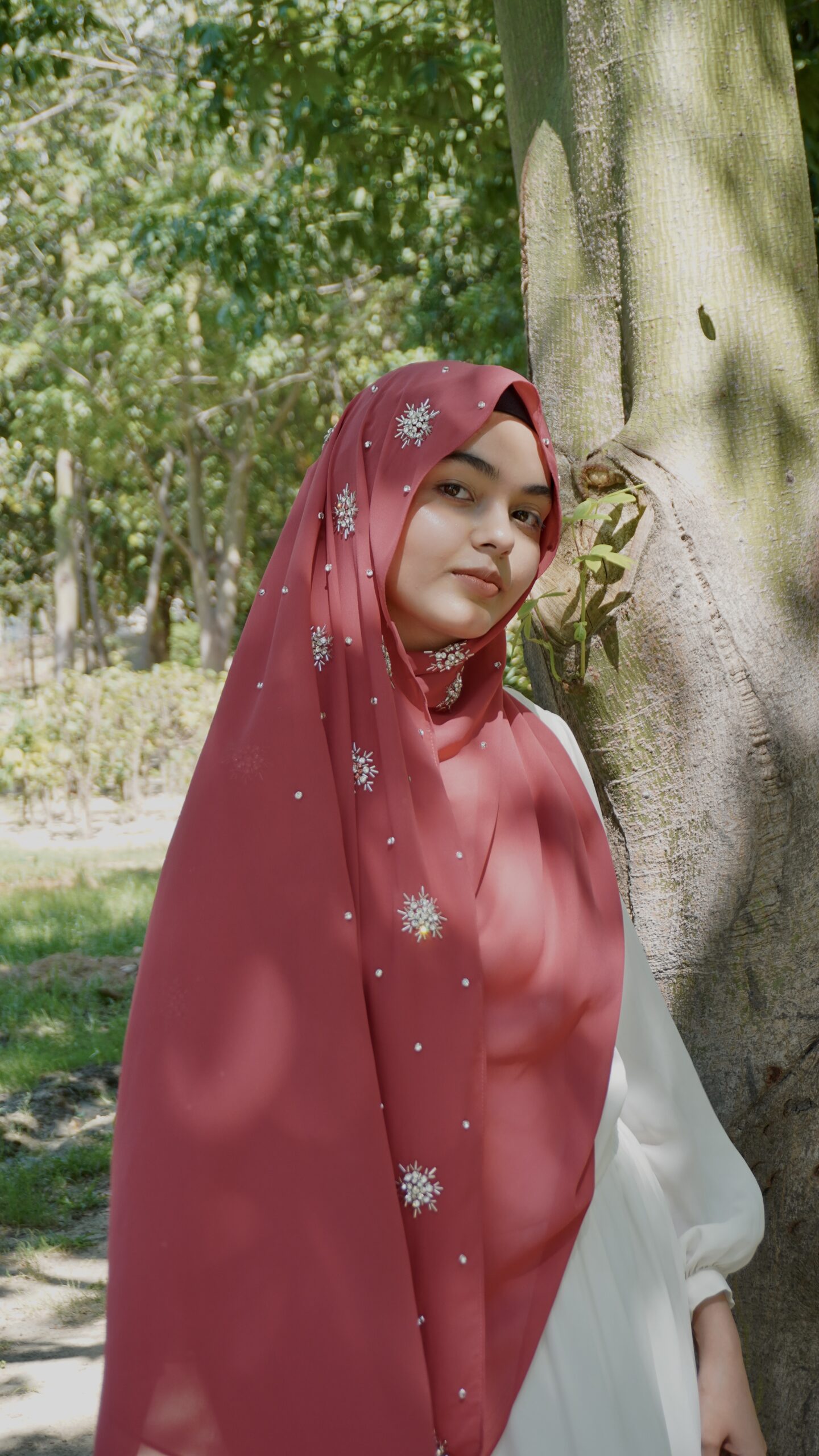 Qamar Embellished Chiffon Scarf – Deep Maroon
