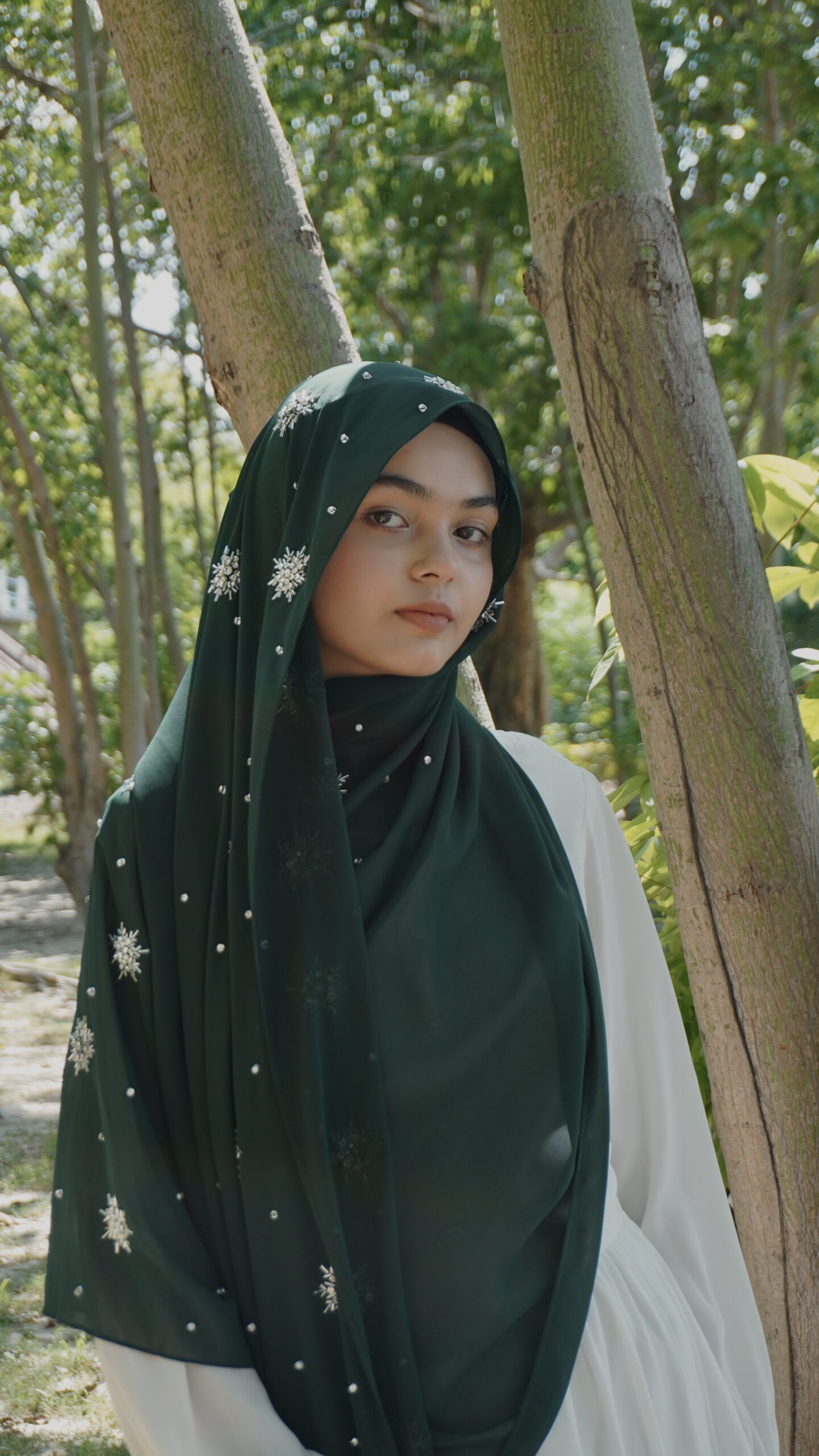 Qamar Embellished Chiffon Scarf – Emerald Green