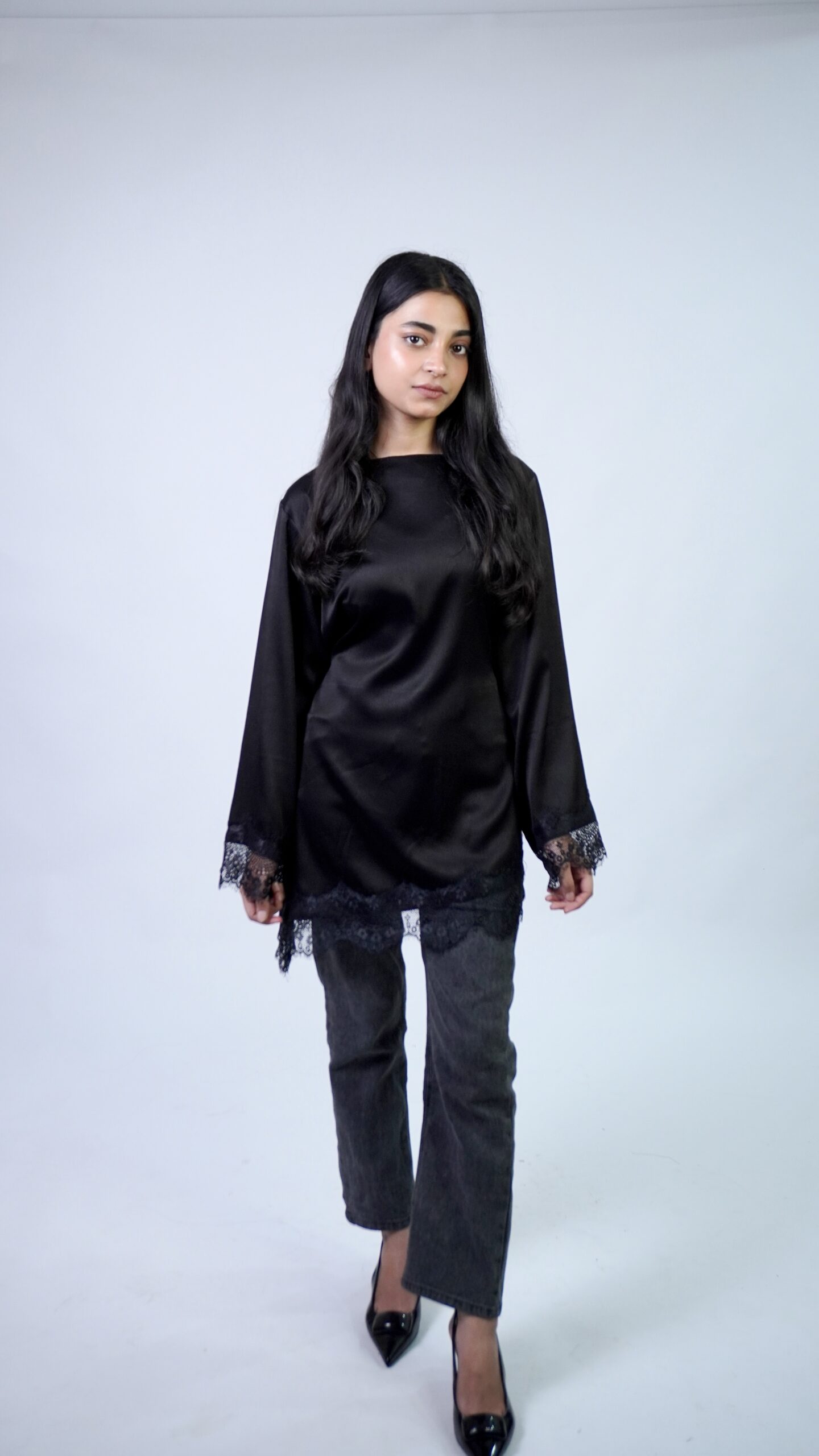 Lace Satin Top – Black