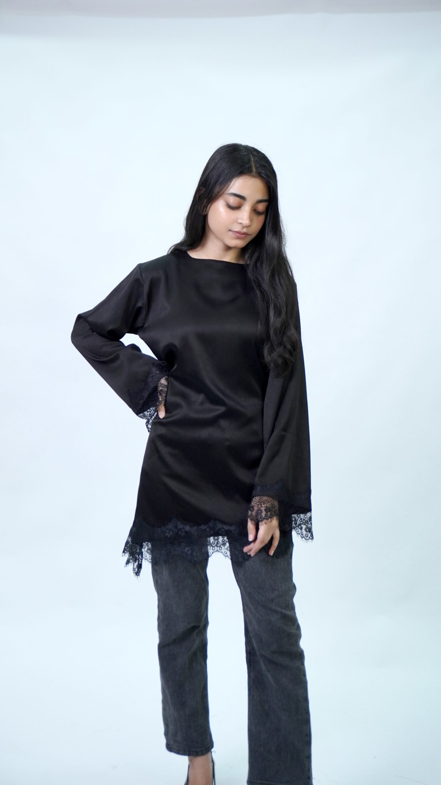 Lace Satin Top – Black - Image 2