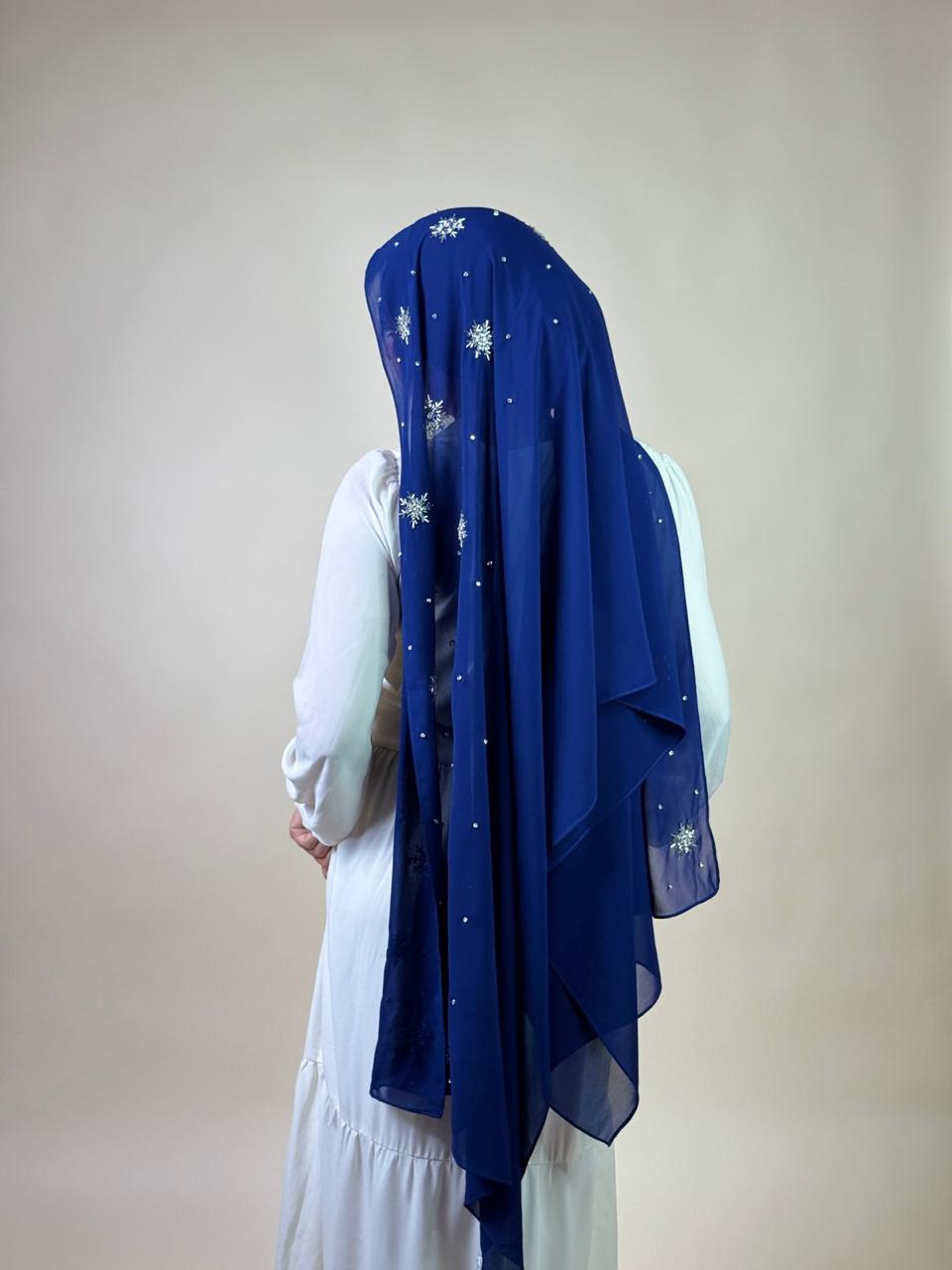 Qamar Embellished Chiffon Scarf – Dark Blue - Image 2