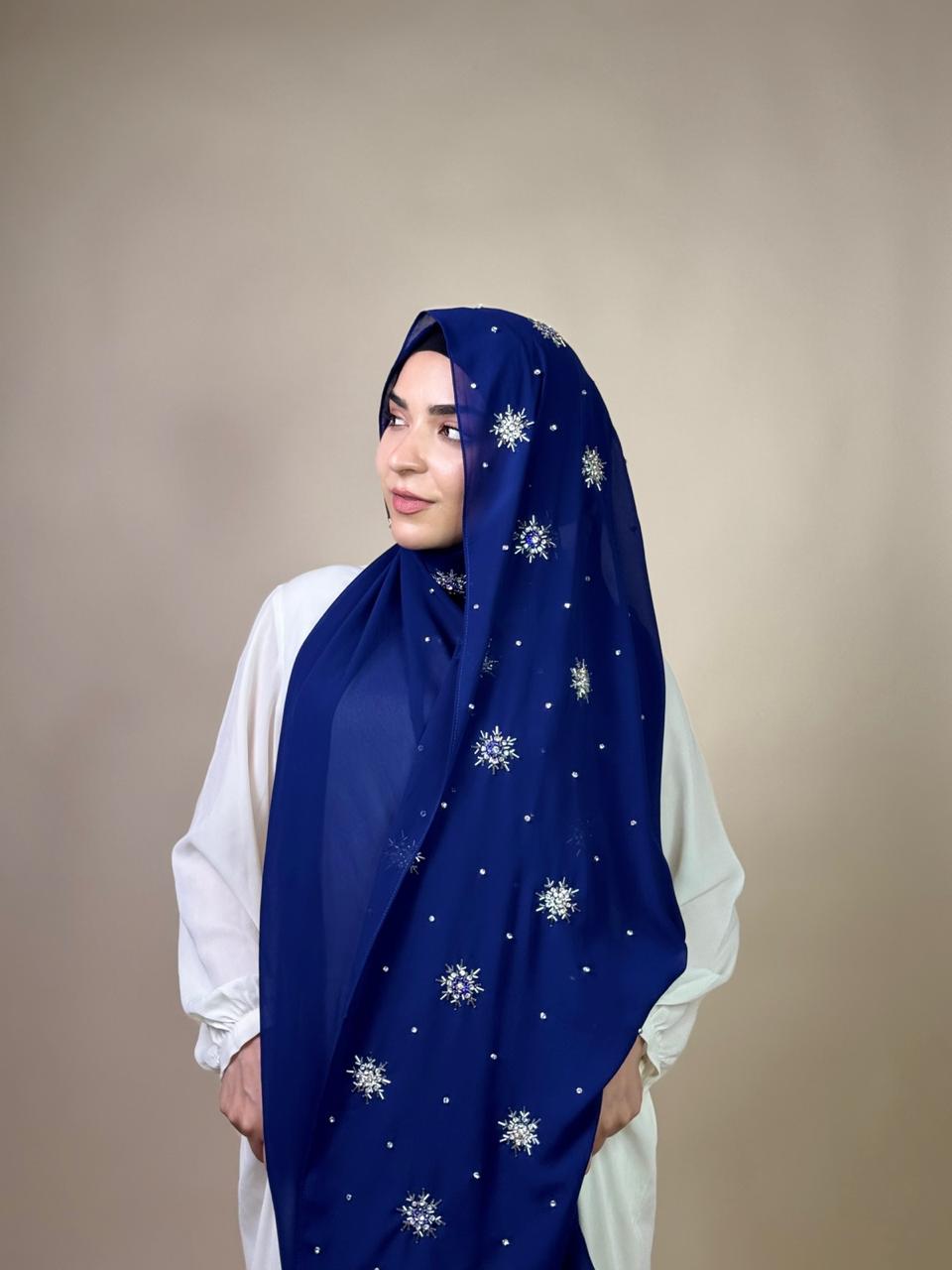 Qamar Embellished Chiffon Scarf – Dark Blue