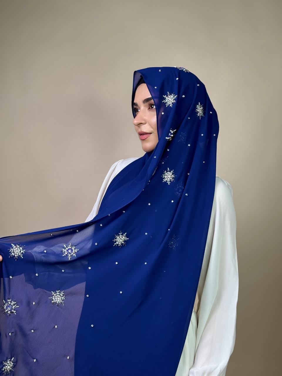 Qamar Embellished Chiffon Scarf – Dark Blue - Image 3